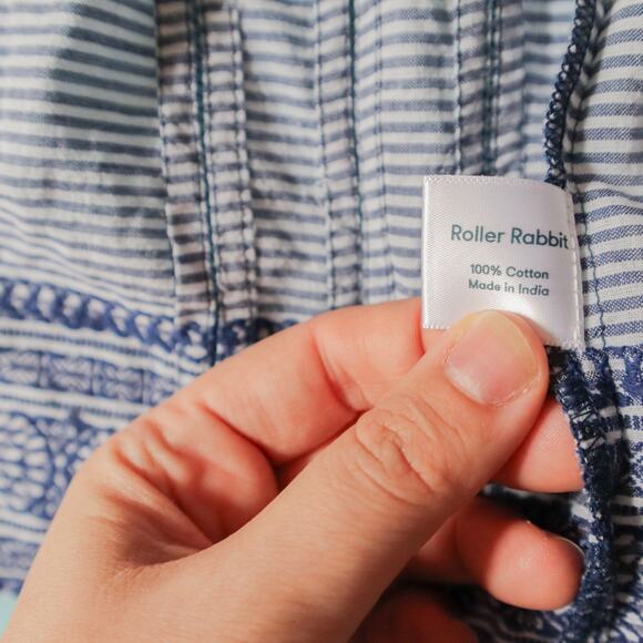 Roller Rabbit Blue Striped Ruffle Neck Embroidered Trim Shirt Size Small - Picture 5 of 8